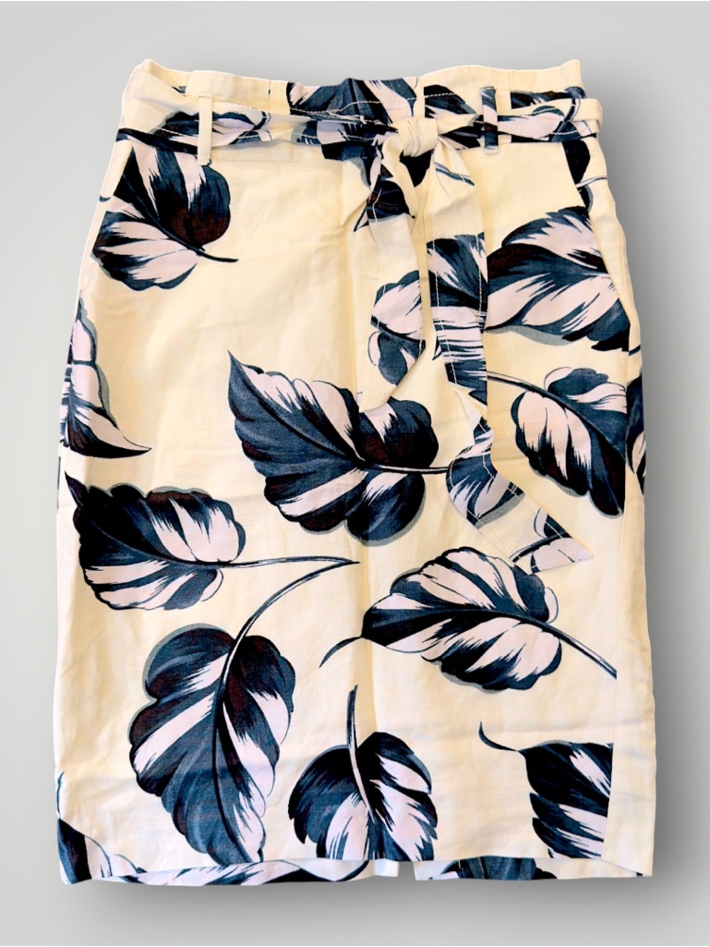 Ann Taylor Floral Leaf Print Tie Waist Midi Pencil High Rise Linen Size 6